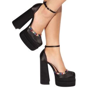 Fashion Nova Aloyse Platform Chunky Heel Rainbow Jeweled Size 8.5 Black Satin